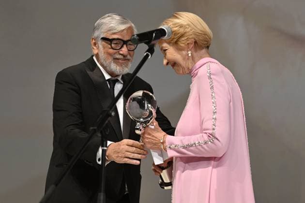 The last day of the 57th Karlovy Vary International Film Festival, 8 July 2023. Actress Daniela Kolarova (left) receives the President s Award of the Karlovy Vary International Film Festival from Jiri Bartoska. (CTKxPhoto KaterinaxSulova) CTKPhotoP2023070804834  CTKPhotoP2023070804834