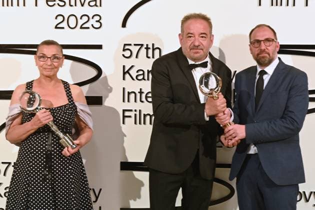 The last day of the 57th Karlovy Vary International Film Festival, 8 July 2023. Bulgarian actress Eli Skorcheva receives the award for Best Actress for her role in the film Blaziny lekce at the closing ceremony. From left: actress Eli Skorcheva and director Stephan Komandarev. (CTKxPhoto SlavomirxKubes) CTKPhotoP2023070805867  CTKPhotoP2023070805867