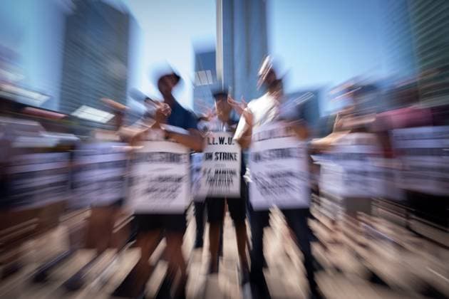 July 9, 2023, VANCOUVER, BC, CANADA: Striking port workers from the International Longshore and Warehouse Union Canada gather at Jack Poole Plaza while attending a rally in Vancouver, on Sunday, July 9, 2023. VANCOUVER CANADA  - ZUMAc35_ 20230709_zaf_c35_042 Copyright: xEthanxCairnsx