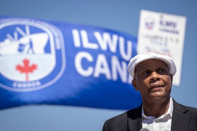 July 9, 2023, VANCOUVER, BC, CANADA: Willie Adams, International President of the International Longshore and Warehouse Union, speaks at a strike rally in Vancouver, on Sunday, July 9, 2023. VANCOUVER CANADA  - ZUMAc35_ 20230709_zaf_c35_046 Copyright: xEthanxCairnsx