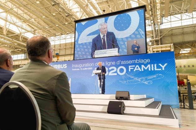 Bilder des Jahres 2023, News 07 Juli News Themen der Woche KW28 News Bilder des Tages Inauguration Of The New A321 Final Assembly Line - Toulouse Speech by Bruno Le Maire. Inauguration of the new Airbus A320-A321 Family final assembly line. Bruno Le Maire, Roland Lescure, Dominique Faure, ClÃ ment Beaune are welcomed by Guillaume Faury, Executive Chairman of Airbus. France, Toulouse, July 9, 2023. This new assembly line, highly digitized and automated, is located in the former A380 assembly hall, and will eventually employ nearly 700 people. Announced for 2022, it will deliver its first aircraft in 2024. Together with the other A320 Family final assembly lines in Hamburg (Germany), Tianjin (China) and Mobile (USA), it will meet the strong demand for this type of aircraft. Photo by Patricia Huchot-Boissier ABACAPRESS.COM Toul  Copyright: xHuchot-BoissierxPatricia ABACAx 860209_022 Huchot-BoissierxPatricia ABACAx 860209_022