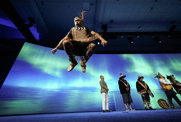 July 10, 2023, VANCOUVER, BC, CANADA: Coast Salish peoples from the Musqueam, Squamish and Tsleil-Waututh First Nations perform a welcome song and dance during the opening ceremony at the LNG2023 conference, in Vancouver, B.C., Monday, July 10, 2023. VANCOUVER CANADA  - ZUMAc35_ 20230710_zaf_c35_129 Copyright: xDarrylxDyckx
