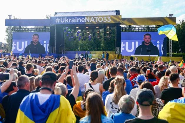 July 11, 2023, Vilnius, Lithuania: The President of Ukraine Volodymyr Zelenskyy speaks during Raising the Flag for Ukraine in NATO event and concert in Vilnius, Lithuania on July 11, 2023. President Zelenskyy arrived to Lithuania to attend NATO Summit in Vilnius and support Ukraine in becoming a member of NATO Vilnius Lithuania - ZUMAz156 20230711_zip_z156_014 Copyright: xBeataxZawrzelx