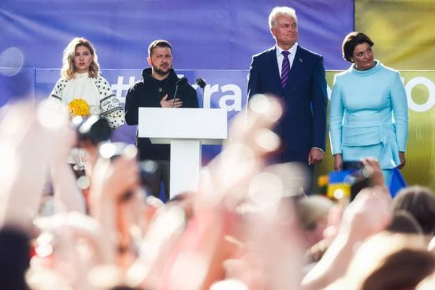 July 11, 2023, Vilnius, Lithuania: The President of Ukraine Volodymyr Zelenskyy, his wife Olena Zelenska, the President of Lithuania Gitanas Nauseda and his wife Diana Nausediene attend Raising the Flag for Ukraine in NATO event and concert in Vilnius, Lithuania on July 11, 2023. President Zelenskyy arrived to Lithuania to attend NATO Summit in Vilnius and support Ukraine in becoming a member of NATO Vilnius Lithuania - ZUMAz156 20230711_zip_z156_020 Copyright: xBeataxZawrzelx