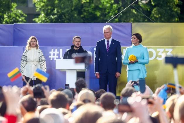 July 11, 2023, Vilnius, Lithuania: The President of Ukraine Volodymyr Zelenskyy, his wife Olena Zelenska, the President of Lithuania Gitanas Nauseda and his wife Diana Nausediene attend Raising the Flag for Ukraine in NATO event and concert in Vilnius, Lithuania on July 11, 2023. President Zelenskyy arrived to Lithuania to attend NATO Summit in Vilnius and support Ukraine in becoming a member of NATO Vilnius Lithuania - ZUMAz156 20230711_zip_z156_019 Copyright: xBeataxZawrzelx