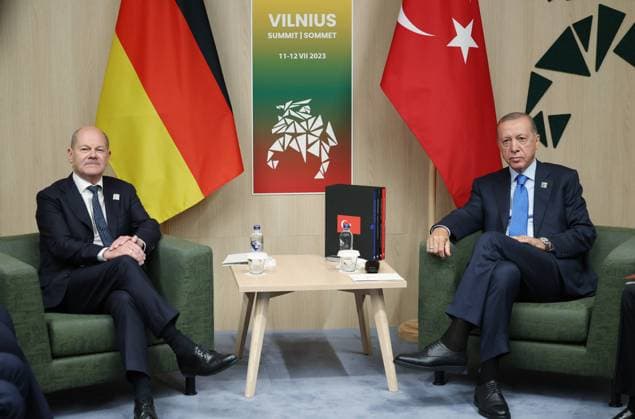 Turkish President Recep Tayyip Erdogan (R) meets with German Chancellor Olaf Scholz (L), on the sidelines of the NATO Summit at the Lithuanian Exhibition and Congress Centre (LITEXPO) in Vilnius, Lithuania on July 11, 2023.  LTU2023071164 TurkishxPresidentxPressxOffice