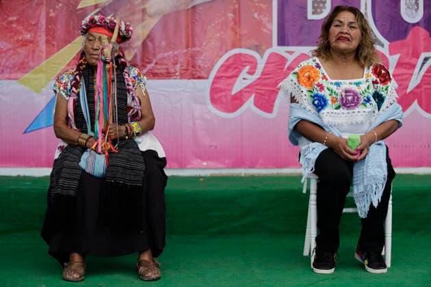 Press Conference For The Crystallised Sweets Fair In Xochimilco, Mexico City From left to right, Abuelita Amalia Salas Casales, artisan, traditional doctor and activist for the defence of the land, corn, water and chinampas of Lake Xochimilco; and Juanita Alarcon, producer of crystallised sweets, during a press conference at the Archaeological Museum in the municipality of Xochimilco, Mexico City, on the occasion of the Crystallised Sweets Fair in Santa Cruz Acalpixca. This fair has been held since 1982 in the town of Santa Cruz Acalpixca, Xochimilco, with the purpose of making known products such as chilacayote, pumpkin, carrots, nopal, among others typical of the region; ingeniously transformed in an artisanal way into delicious and ex Copyright: xGerardoxVieyrax originalFilename: vieyra-notitle230711_npC20.jpg