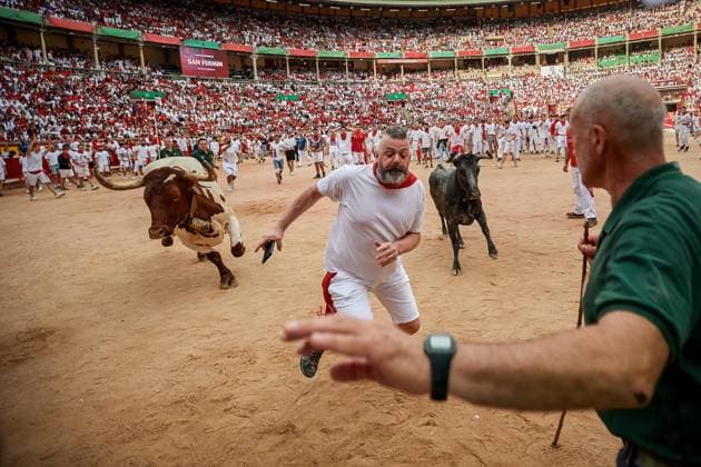 Bilder des Jahres 2023, News 07 Juli News Themen der Woche KW28 News Bilder des Tages July 12, 2023, Pamplona, Navarra, Spain: The heifers leave the bullring after the running of the bulls, where the youngsters run in front of them, during the festivities of San Fermin 2023. The sixth running of the bulls in Pamplona during the San Fermin festivities, six bulls from the ranch Jandilla s have run the 850-meter stretch to reach the Pamplona Bullring in a time of 2 minutes and 32 seconds, leaving several injured by bruises on their way. No one was injured by the bull horn. Pamplona Spain - ZUMAs197 20230712_zaa_s197_031 Copyright: xElsaxAxBravox