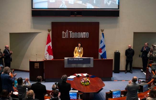 July 12, 2023, Toronto, ON, CANADA: Newly elected Mayor Olivia Chow reacts after receiving a standing ovation during the Declaration of Office Ceremony at Toronto City Hall, on Wednesday, July 12, 2023. Toronto CANADA  - ZUMAc35_ 20230712_zaf_c35_079 Copyright: xTijanaxMartinx