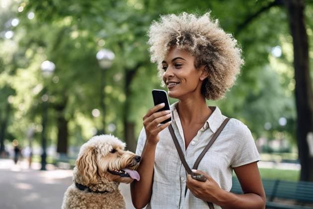 A woman using her smartphone to communicate with her cheerful pet canine in the city, conveying a sense of happiness through their connection. AI-GENERATED IMAGE AI GENERATED IMAGE A good day 023 RECORD DATE NOT STATED