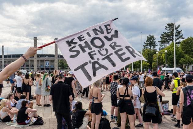 15 07 2023,Berlin,Concert of the band Rammstein in the evening at the Olympiastadion impressions before the start outside the stadium protest against the concert