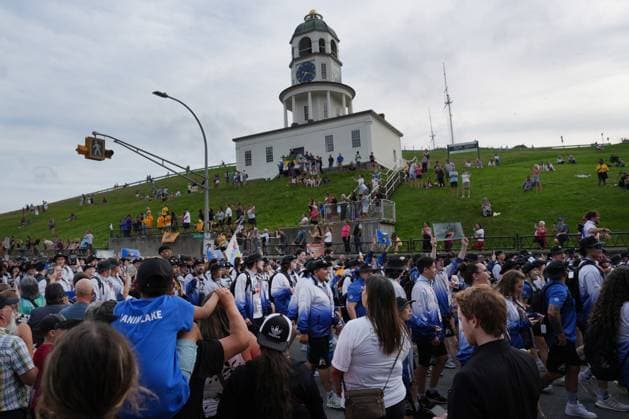July 16, 2023, Halifax, NS, Canada: Athletes from Team Alberta parade in Downtown Halifax during the opening ceremony of the North American Indigenous Games 2023 on Sunday, July 16, 2023. Halifax Canada  - ZUMAc35_ 20230716_zaf_c35_093 Copyright: xDarrenxCalabresex