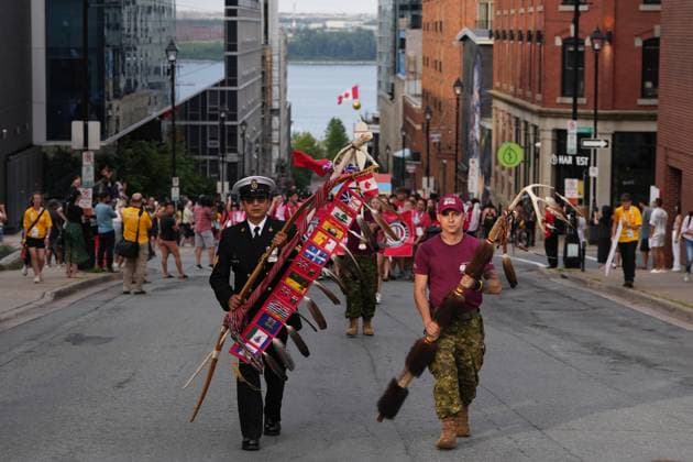 July 16, 2023, Halifax, NS, Canada: Military personnel lead athletes in a parade in Downtown Halifax during the opening ceremony of the North American Indigenous Games 2023 on Sunday, July 16, 2023. Halifax Canada  - ZUMAc35_ 20230716_zaf_c35_095 Copyright: xDarrenxCalabresex
