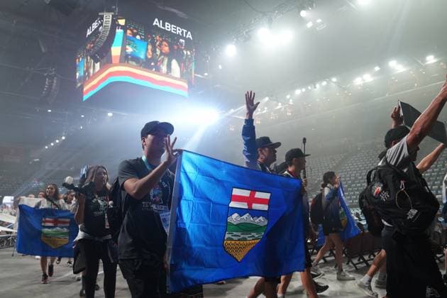 July 16, 2023, Halifax, NS, Canada: Athletes from Team Alberta take part in the athletes parade during the opening ceremony of the North American Indigenous Games 2023 in Halifax, Sunday, July 16, 2023. Halifax Canada  - ZUMAc35_ 20230716_zaf_c35_098 Copyright: xDarrenxCalabresex