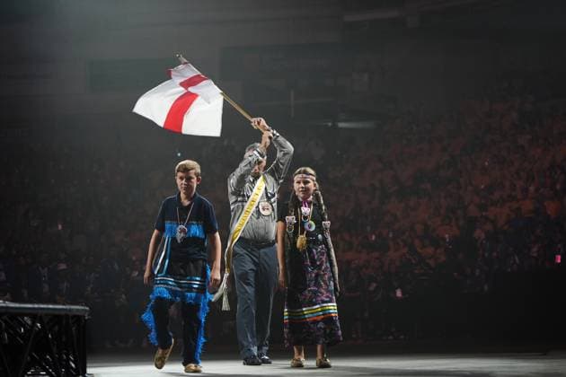 July 16, 2023, Halifax, NS, Canada: Performers carry the Mi kmaq flag while entertaining athletes, chiefs, and dignitaries during the opening ceremony of the North American Indigenous Games 2023 in Halifax, Sunday, July 16, 2023. Halifax Canada  - ZUMAc35_ 20230716_zaf_c35_107 Copyright: xDarrenxCalabresex