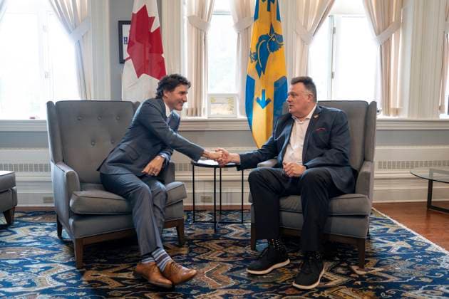 July 17, 2023, Halifax, NS, Canada: Prime Minister Justin Trudeau, left, and Mike Savage, mayor of the Halifax Regional Municipality, meet at City Hall in Halifax, Monday, July 17, 2023. Halifax Canada  - ZUMAc35_ 20230717_zaf_c35_066 Copyright: xDarrenxCalabresex