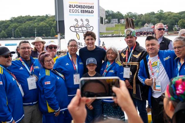 July 17, 2023, Halifax, NS, Canada: Prime Minister Justin Trudeau, centre, and his son Hadrien, centre bottom, pose with chiefs and other Indigenous dignitaries prior to the Canoe Kayak competition at the North American Indigenous Games 2023 in Halifax, Monday, July 17, 2023. Halifax Canada - ZUMAc35_ 20230717_zaf_c35_073 Copyright: xDarrenxCalabresex