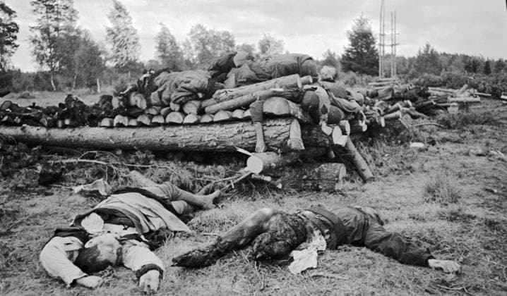 DEAD PEOPLE GROUND LOGS 638 01.05.1943 Soviet people tortured to death by the Nazis. Boris Kudoyarov Sputnik Leningrad region Russia  Copyright: xBorisxKudoyarovx