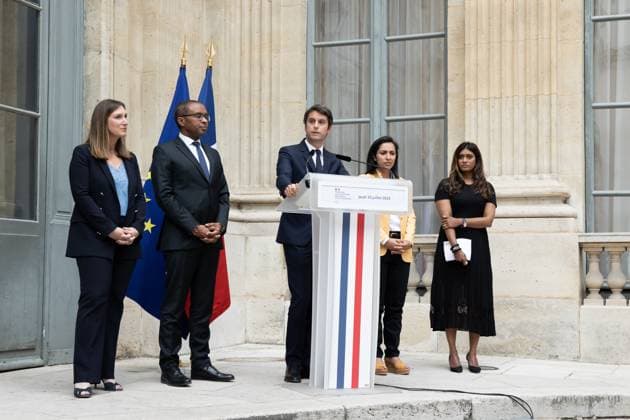Paris, France, July 20, 2023 - Newly appointed France s Education Minister Gabriel Attal delivers a speech next to former French Education and Youth Minister Pap Ndiaye (2nd L), French Junior Minister for the Education and Professional training Carole Grandjean (L), former French Secretary of State for Youth Sarah El Hairy (2nd R) and newly appointed junior Minister of Youth and civic service (Service national universel - SNU) Prisca Thevenot (R) during a handover ceremony at the Ministry of Education. French presidency formalized French government reshuffle on July 20, 2023 with eight new members of a government which has 41 ministers in total.  Copyright: xAlexisxSciardx