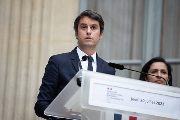 Paris, France, July 20, 2023 - Newly appointed France s Education Minister Gabriel Attal delivers a speech during the handover ceremony at the Ministry of Education in Paris on July 20, 2023. French presidency formalized French government reshuffle on July 20, 2023 with eight new members of a government which has 41 ministers in total.  Copyright: xAlexisxSciardx