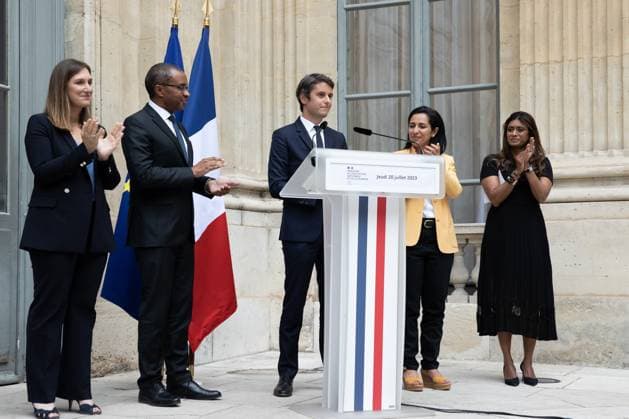Paris, France, July 20, 2023 - Newly appointed France s Education Minister Gabriel Attal delivers a speech next to former French Education and Youth Minister Pap Ndiaye (2nd L), French Junior Minister for the Education and Professional training Carole Grandjean (L), former French Secretary of State for Youth Sarah El Hairy (2nd R) and newly appointed junior Minister of Youth and civic service (Service national universel - SNU) Prisca Thevenot (R) during a handover ceremony at the Ministry of Education. French presidency formalized French government reshuffle on July 20, 2023 with eight new members of a government which has 41 ministers in total.  Copyright: xAlexisxSciardx