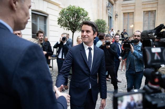 Paris, France, July 20, 2023 - Newly appointed France s Education Minister Gabriel Attal greets people after the handover ceremony at the Ministry of Education in Paris on July 20, 2023. French presidency formalized French government reshuffle on July 20, 2023 with eight new members of a government which has 41 ministers in total.  Copyright: xAlexisxSciardx