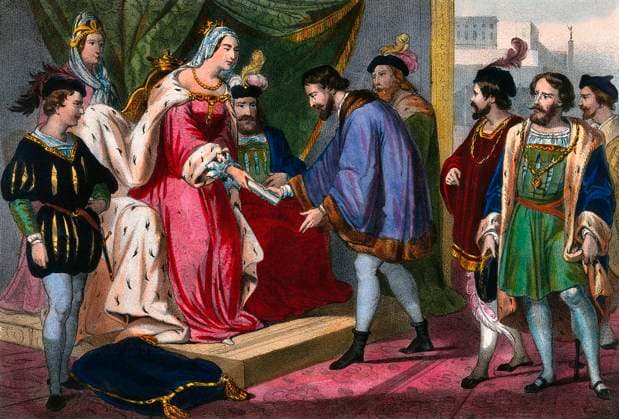 IMAGO History, Entdeckung Amerikas durch Christoph Kolumbus 1492 Christopher Columbus standing before King Ferdinand and Queen Isabella on his return to Spain; digitally optimized Christopher Columbus standing before King Ferdinand and Queen Isabella on his return to Spain; digitally optimized Copyright: xZoonar.com Heinz-DieterxFalkensteinx 20422672