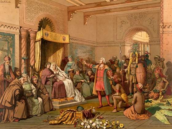 IMAGO History, Entdeckung Amerikas durch Christoph Kolumbus 1492 Christopher Columbus standing before King Ferdinand and Queen Isabella on his return to Spain; digitally optimized Christopher Columbus standing before King Ferdinand and Queen Isabella on his return to Spain; digitally optimized Copyright: xZoonar.com Heinz-DieterxFalkensteinx 20422694