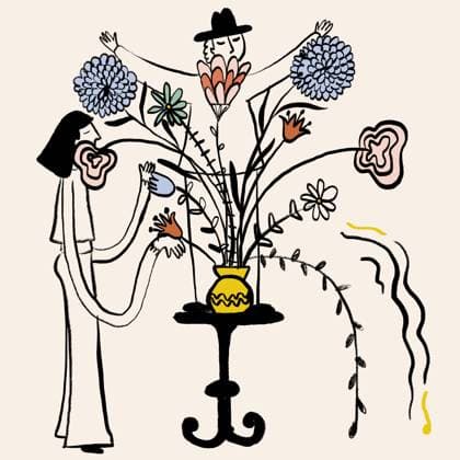 Surreal image of couple caring flowers Simple creative illustration of cartoon man and woman at table with blooming flowers on white background BrendaFebus_ID15028_459027_013 Copyright: xBrendaxFebusx RECORD DATE NOT STATED Model Released