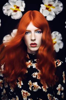 Creative Highlights Symbolbilder PR_ID14244_3804_FantasyMakeupWoman.jpg Generative AI colorful portrait of redhead female fashion model with red lips looking at camera against black background with flowers, Property released EduardoLopez_ID14244_428999_008 Copyright: xEduardoxLopezx RECORD DATE NOT STATED Model Released