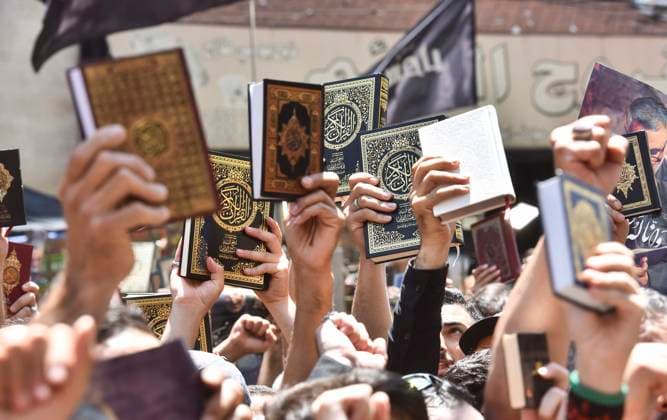 RECORD DATE NOT STATED Protest Against Quran Burning In Beirut, Lebanon People raise copies of the Koran as they participate in a demonstration called for by the Lebanese Shiite Hezbollah movement, to denounce the burning of the Koran in Sweden, in the southern suburbs of Beirut on July 21, 2023. The leader of the pro-Iranian Hezbollah movement Hassan Nasrallah called for the expulsion of the Swedish envoy in Lebanon and the recall of Lebanon s ambassador to Sweden Beirut Lebanon 21 july 2023 beirut Lebanon  Copyright: xFadelxItanix originalFilename: itani-notitle230722_npJMS.jpg