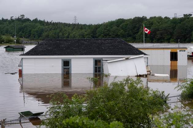 July 22, 2023, Halifax, NS, Canada: Buildings are seen in floodwater following a major rain event in Halifax on Saturday, July 22, 2023. A long procession of intense thunderstorms have dumped record amounts of rain across a wide swath of Nova Scotia, causing flash flooding, road washouts and power outages. Halifax Canada  - ZUMAc35_ 20230722_zaf_c35_024 Copyright: xDarrenxCalabresex