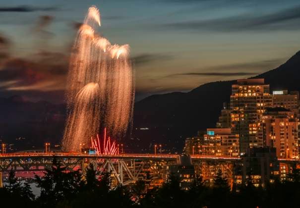 (230723) -- VANCOUVER, July 23, 2023 -- Fireworks launched by team Australia are seen at English Bay in Vancouver, British Columbia, Canada, on July 22, 2023. An off-shore fireworks competition kicked off here with the performance by team Australia on Saturday, followed by team Mexico on July 26 and team Philippines on July 29. (Photo by Xinhua) CANADA-VANCOUVER-FIREWORKS COMPETITION-TEAM AUSTRALIA LiangxSen 