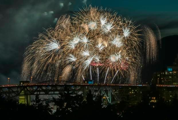 (230723) -- VANCOUVER, July 23, 2023 -- Fireworks launched by team Australia are seen at English Bay in Vancouver, British Columbia, Canada, on July 22, 2023. An off-shore fireworks competition kicked off here with the performance by team Australia on Saturday, followed by team Mexico on July 26 and team Philippines on July 29. (Photo by Xinhua) CANADA-VANCOUVER-FIREWORKS COMPETITION-TEAM AUSTRALIA LiangxSen 