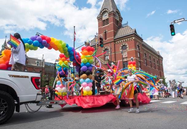 July 23, 2023, Fredericton, New Brunswick, CANADA: A float from the St. MaryöÄÃ s First Nation leads the 11th annual Fredericton Pride parade in Fredericton, New Brunswick on Sunday July 23, 2023. Fredericton city hall is in the background. Fredericton CANADA  - ZUMAc35_ 20230723_zaf_c35_034 Copyright: xStephenxMacgillivrayx