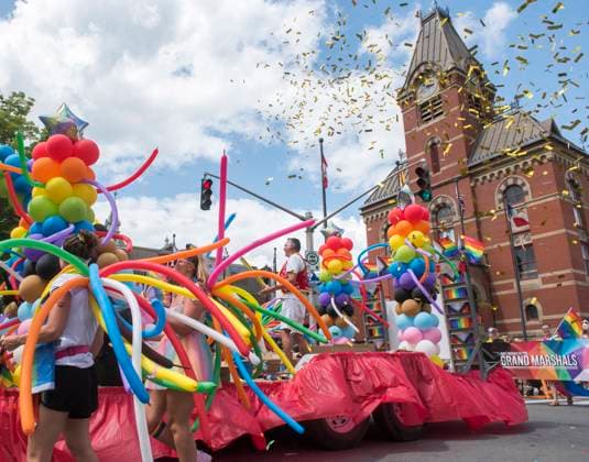 July 23, 2023, Fredericton, New Brunswick, CANADA: A float from the St. MaryöÄÃ s First Nation leads the 11th annual Fredericton Pride parade in Fredericton, New Brunswick on Sunday July 23, 2023. Fredericton city hall is in the background. Fredericton CANADA  - ZUMAc35_ 20230723_zaf_c35_035 Copyright: xStephenxMacgillivrayx