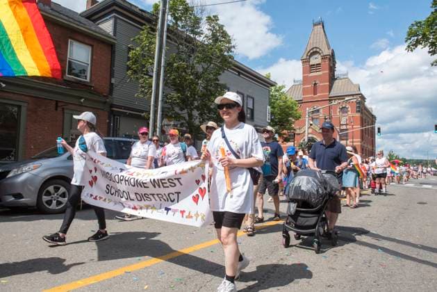July 23, 2023, Fredericton, New Brunswick, CANADA: People with the Anglophone West School District walk the 11th annual Fredericton Pride parade in Fredericton, New Brunswick on Sunday July 23, 2023. Fredericton city hall is in the background. Fredericton CANADA  - ZUMAc35_ 20230723_zaf_c35_037 Copyright: xStephenxMacgillivrayx