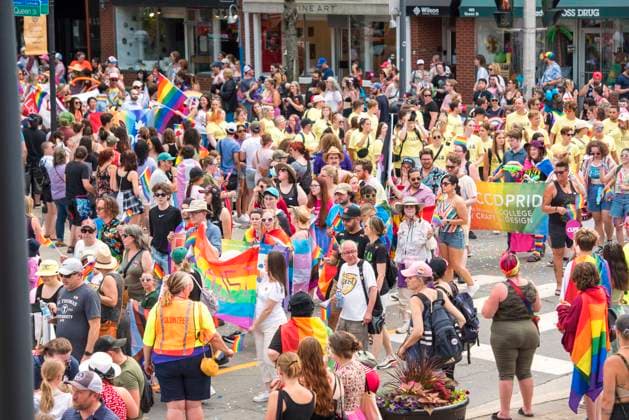July 23, 2023, Fredericton, New Brunswick, CANADA: Participants and the public fill the intersection of Queen and York Streets next to Fredericton city hall during the 11th annual Fredericton Pride parade in Fredericton, New Brunswick on Sunday July 23, 2023. Fredericton CANADA  - ZUMAc35_ 20230723_zaf_c35_045 Copyright: xStephenxMacgillivrayx