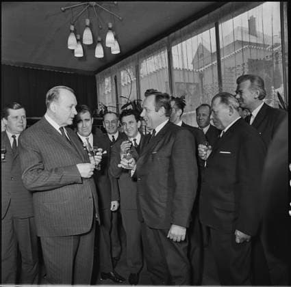 ***DECEMBER 29, 1969, FILE PHOTO*** The President of the Czechoslovak Socialist Republic bestowed the Order of Labour on the town of Luhacovice on the occasion of the 300th anniversary of the spa. The Order of Labour was presented to the representatives of the town and the spa by the Chairman of the Czech National Council Evzen Erban on 29 December 1969. Chairman of the Czech National Council Evzen Erban during a festive toast with the Chairman of the Luhacovice Unified Agricultural Cooperative Alois Vavrys. (CTKxPhoto FrantisekxNesvadba) CTKPhotoF202107201173401  CTKPhotoF202107201173401
