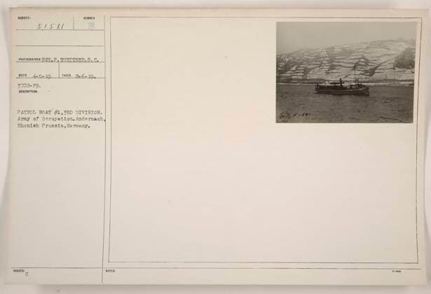 RECORD DATE NOT STATED A photograph of Patrol Boat 1 of the 3rd Division, Army of Occupation. This photo was taken in Andernach, Rhenish Prussia, Germany on February 6, 1919, by SOT. P. Buettner. The boat is identified with the number 3702-F9. Copyright: xpiemagsx 967_86708362 !ACHTUNG AUFNAHMEDATUM GESCHÄTZT!