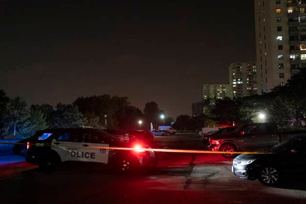 July 25, 2023, Toronto, ON, Canada: A Toronto Police car is pictured at the scene of a shooting in Toronto on Tuesday, July 25, 2023. A Police Dog was killed and a suspect injured following an interaction with officers in Etobicoke Tuesday night. Toronto Canada  - ZUMAc35_ 20230725_zaf_c35_023 Copyright: xArlynxMcadoreyx