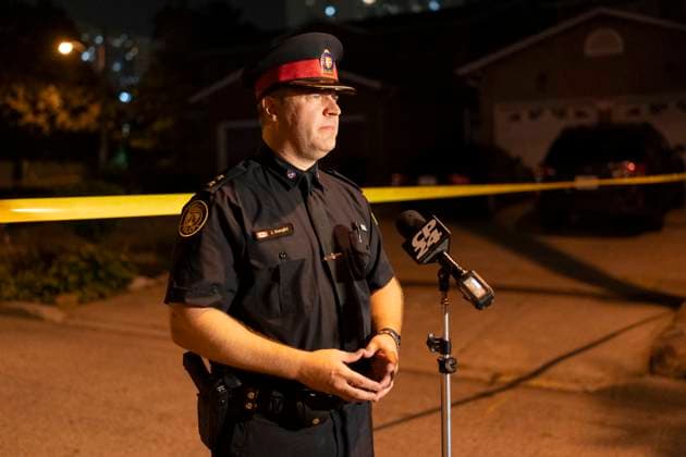 July 25, 2023, Toronto, ON, Canada: Toronto Police Insp. Jeff Bangild updates the media at the scene of a shooting in Toronto on Tuesday, July 25, 2023. A Police Dog was killed and a suspect injured following an interaction with officers in Etobicoke Tuesday night. Toronto Canada  - ZUMAc35_ 20230725_zaf_c35_024 Copyright: xArlynxMcadoreyx