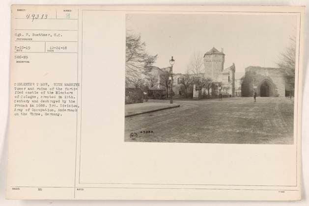 RECORD DATE NOT STATED COBLENZER THOR, a historic landmark in Andernach, Germany. The photo shows the ruins of the fortified castle of the Electors of Cologne, which was built in the 15th century and destroyed by the French in 1688. The image was taken by Sgt. P. Buettner on March 10, 1919, as part of the 3rd Division, Army of Occupation. Copyright: xpiemagsx 970_86704869 !ACHTUNG AUFNAHMEDATUM GESCHÄTZT!