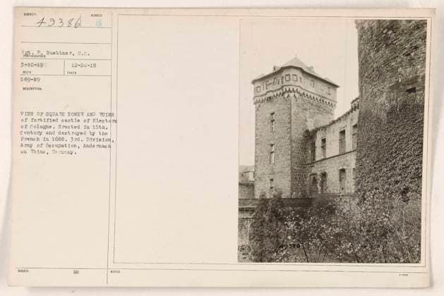 RECORD DATE NOT STATED View of Square Tower and Ruins of fortified castle of Electors of Cologne. The castle was erected in the 15th century and was destroyed by the French in 1688. This photograph was taken by 8gt. P. Buettner in Andernach on Rhine, Germany. It belongs to the 3rd Division, Army of Occupation. Copyright: xpiemagsx 970_86704875 !ACHTUNG AUFNAHMEDATUM GESCHÄTZT!