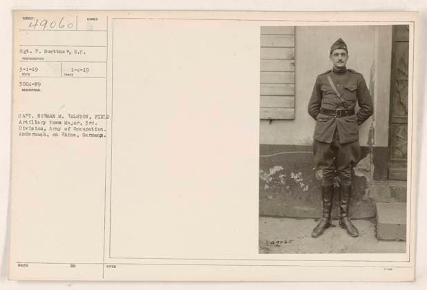 RECORD DATE NOT STATED Capt. Norman M. Ralston, the Town Major of the 3rd Division Field Artillery, is photographed in Andernach, Germany, during World War One. The image was taken by Sgt. P. Buettner on January 4, 1919, and is designated as ACD 3004-19. The caption includes the soldier s name, rank, and role within the Army of Occupation. Copyright: xpiemagsx 971_86704223 !ACHTUNG AUFNAHMEDATUM GESCHÄTZT!