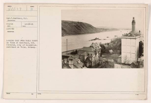 RECORD DATE NOT STATED Title: Looking East from Watch Tower on Rhine at Andernach, 3rd Division, Army of Occupation Description: The photograph, taken by Sgt. P. Buettner on 3-1-19, captures the view from a watch tower in Andernach, Germany. The image shows the eastern landscape along the Rhine river, where the 3rd Division of the Army of Occupation was stationed. This photograph was part of a series issued on 12-28-18. Copyright: xpiemagsx 972_86703127 !ACHTUNG AUFNAHMEDATUM GESCHÄTZT!