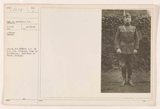RECORD DATE NOT STATED Lieutenant Colonel F. H. Turner, G.S. of G.3, 3rd Division, Army of Occupation, Andernach on Rhine, Germany. Caption information: Lieutenant Colonel P.H. Turner, G.S. of G.3, 3rd Division, Army of Occupation, in Andernach on Rhine, Germany. Sergeant P. Buettner, S.C., took this photograph on December 28, 1918. Copyright: xpiemagsx 972_86703133 !ACHTUNG AUFNAHMEDATUM GESCHÄTZT!