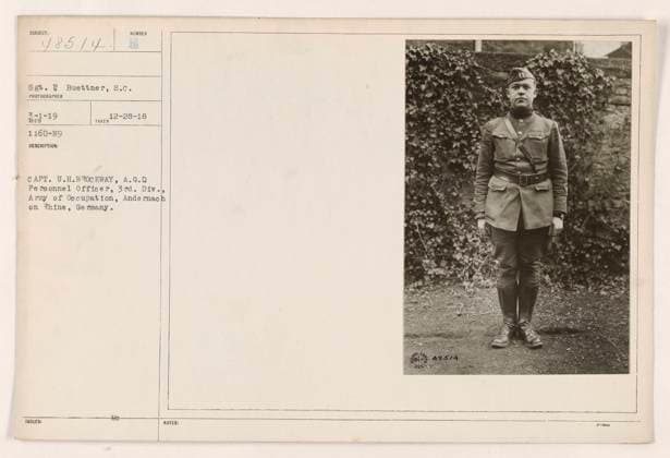 RECORD DATE NOT STATED Captain U.H. Brockway, an A.G.D. Personnel Officer of the 3rd Division, Army of Occupation, is pictured here in Andernach on the Rhine in Germany. The photo was taken on December 28, 1916, by Sergeant Buettner, an S.C. photographer. The image is numbered 48514 in the collection. Copyright: xpiemagsx 972_86703137 !ACHTUNG AUFNAHMEDATUM GESCHÄTZT!