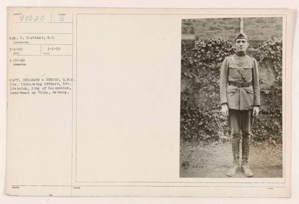 RECORD DATE NOT STATED Caption: Capt. Benjamin A. Dubois, Q.M.C. Div. Disbursing Officer, 3rd Division, Army of Occupation, Andernach on Rhine, Germany. Sgt. P. Buettner and others pictured. Photo taken on January 1, 1919, by Capt. Benjamin A. Dubois. Image recorded as Subject 48520 and received on March 1, 1919. This photograph was issued on Nungen 1st, 1919. Note: Subject 48570 was also found. Copyright: xpiemagsx 972_86703149 !ACHTUNG AUFNAHMEDATUM GESCHÄTZT!