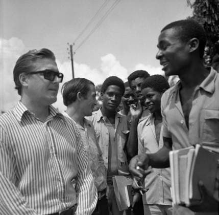 January, 1974. Brazzaville, Peopleâ„¢s Republic of Congo. Soviet teachers of the Shakhinad Lyceum Valery Khabirov from Sverdlovsk and Vladimir Sukharev from Kostroma (L-R) have a conversation with their students. The exact date of the photograph is unknown.  17529024